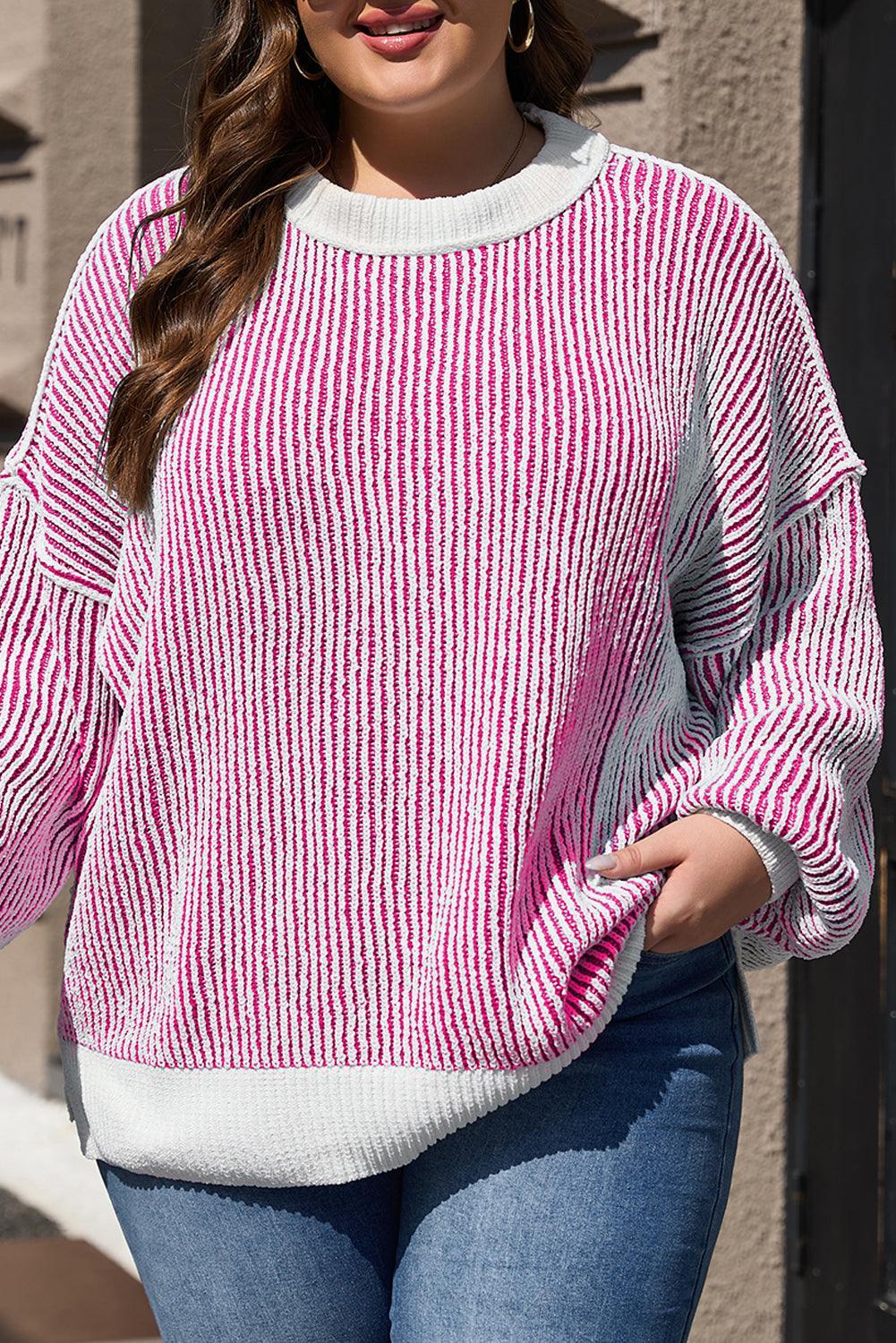 Bright Pink Striped Textured Knit Contrast Edge Loose Sweater - Toi ‘n’ Moi Ltd