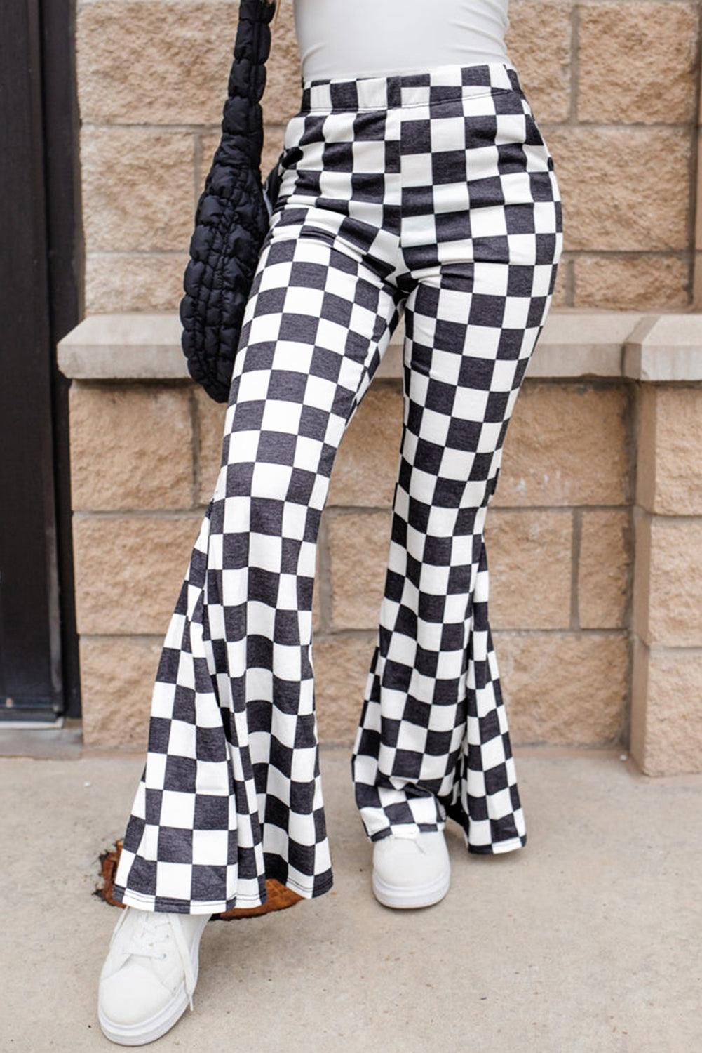 Black Checkerboard High Rise Casual Flared Pants - Toi ‘n’ Moi Ltd