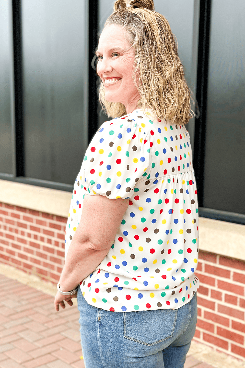 Apricot Plus Size Colorful Polka Dots Tie Neck Puff Sleeve Blouse - Toi ‘n’ Moi Ltd