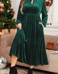 Blackish Green Velvet Frilled up Neck Ruffled High Waist Plus Size Midi Dress - Toi ‘n’ Moi Ltd