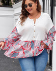 Apricot Plus Size Printed Patchwork Textured Buttoned Blouse - Toi ‘n’ Moi Ltd