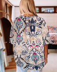 White Abstract Printed Notched V Neck Split Half Sleeve Blouse