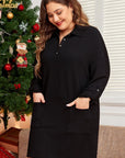 Black Ribbed Knit Buttoned Collared Roll Tab Sleeve Plus Size Mini Dress - Toi ‘n’ Moi Ltd