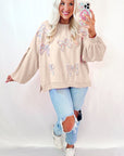 Sweat-shirt oversize à manches lanternes et nœud brodé en parchemin