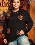 Black Plus Size Halloween Sequined Pumpkin Pattern Sweater - Toi ‘n’ Moi Ltd