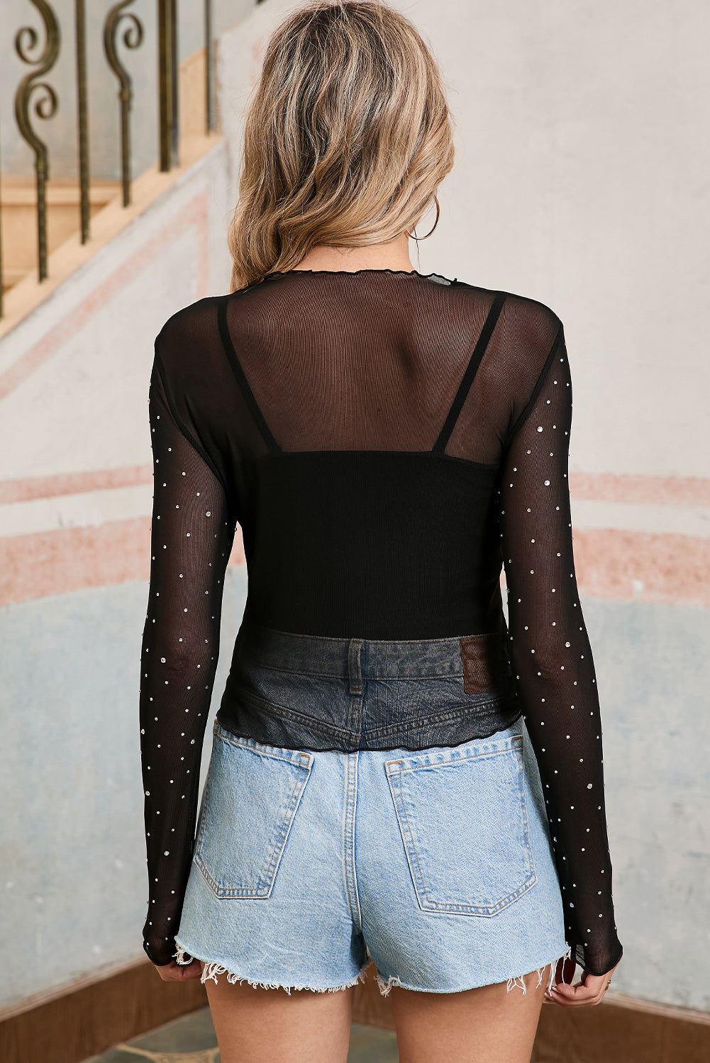 Black Rhinestone Mesh Mock Neck Top - Toi ‘n’ Moi Ltd