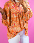 Orange Abstract Print Collared V Neck Babydoll Blouse