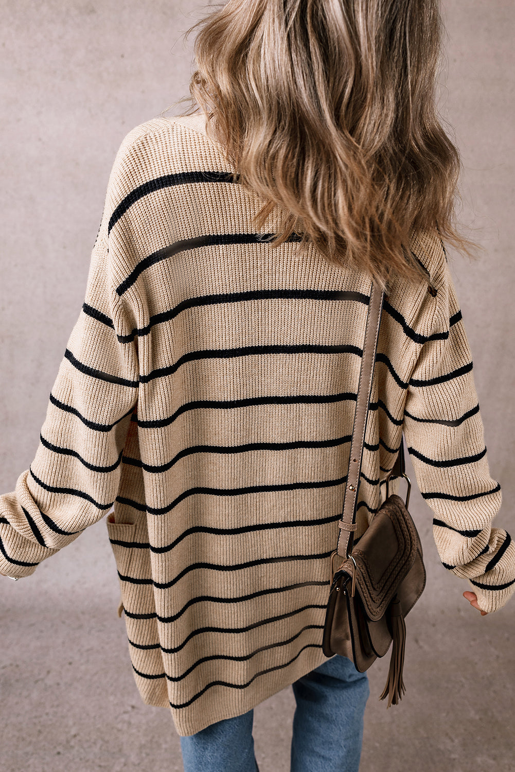 Black Stripe Shawl Neckline Open Cardigan with Pockets - Toi ‘n’ Moi Ltd