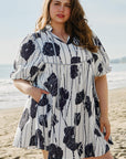 Black Plus Size Floral 3/4 Puff Sleeve Lace-up Neck Mini Dress - Toi ‘n’ Moi Ltd