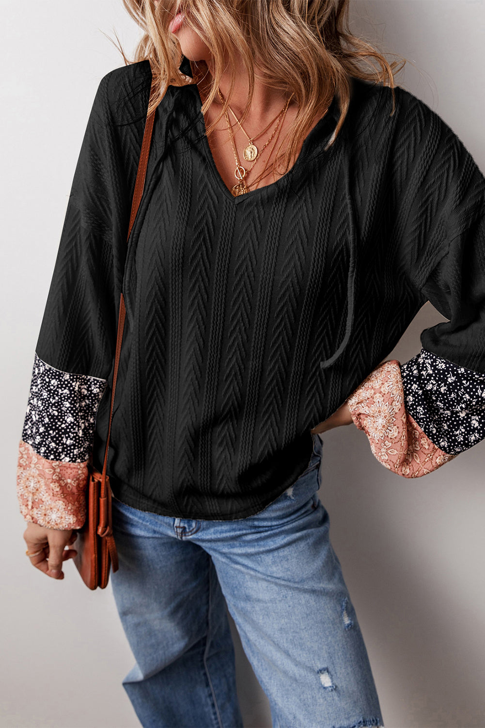 Black Floral Patchwork Textured Knit Drawstring V Neck Blouse - Toi ‘n’ Moi Ltd