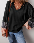 Black Floral Patchwork Textured Knit Drawstring V Neck Blouse - Toi ‘n’ Moi Ltd