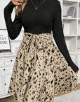 Black Ribbed Knit Patchwork Printed Belted A-line Dress - Toi ‘n’ Moi Ltd