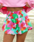 Green Abstract Print Smock Waist Casual Shorts