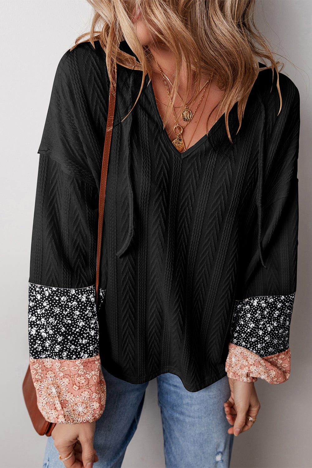 Black Floral Patchwork Textured Knit Drawstring V Neck Blouse - Toi ‘n’ Moi Ltd
