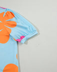 T-shirt à manches bouffantes et imprimé fleuri bleu ciel