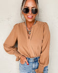Straw Yellow Solid Color Shirred Cuff Notch V Neck Blouse