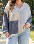 Ashleigh Blue Plus Size Textured Colorblock Patchwork V Neck Top - Toi ‘n’ Moi Ltd