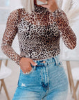 Brown Leopard Smocked Neck Mesh Long Sleeve Bodysuit - Toi ‘n’ Moi Ltd