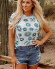 T-shirt slim à col ras du cou imprimé turquoise bleu ciel