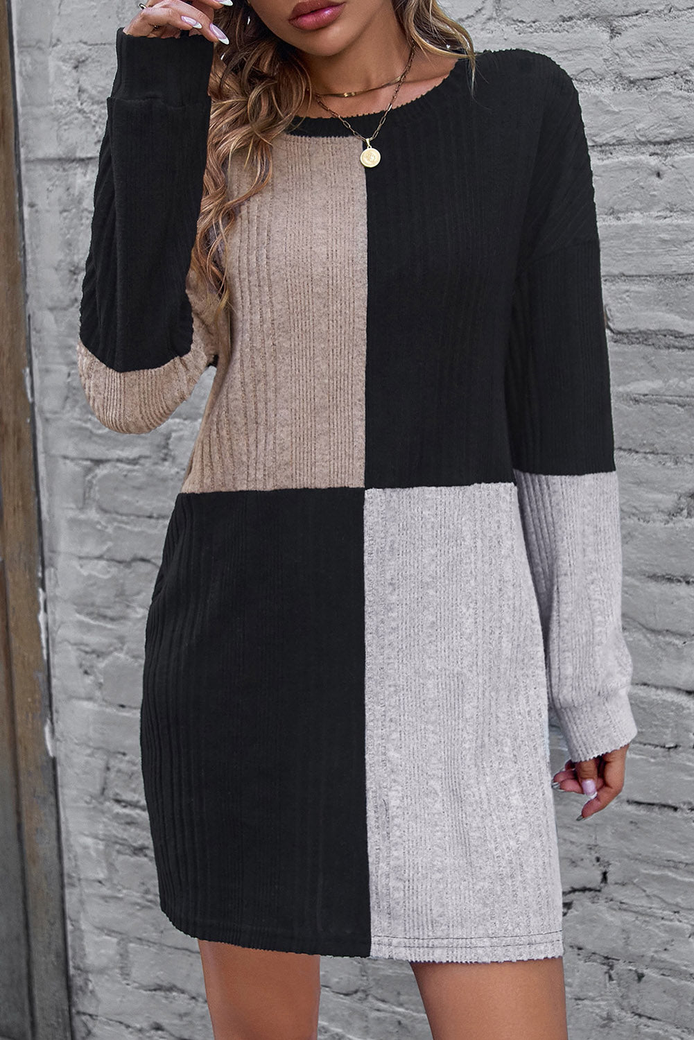 Black Ribbed Color Block Drop Shoulder Long Sleeve Mini Dress - Toi ‘n’ Moi Ltd