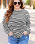 Black Stripe Drop Shoulder Puff Long Sleeve O Neck Plus Size T Shirt - Toi ‘n’ Moi Ltd