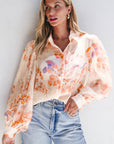 White Floral Print Collared Balloon Sleeve Loose Shirt