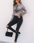 Brown Leopard Smocked Neck Mesh Long Sleeve Bodysuit - Toi ‘n’ Moi Ltd