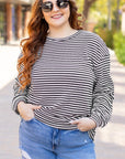 Black Stripe Drop Shoulder Puff Long Sleeve O Neck Plus Size T Shirt - Toi ‘n’ Moi Ltd