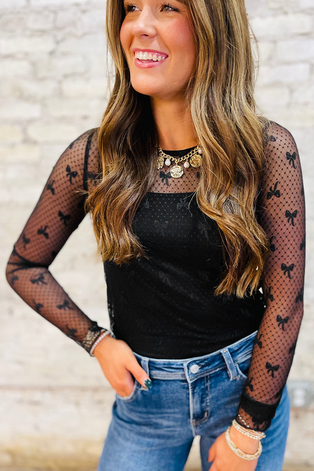 Black Bow Pattern Accent Mesh Long Sleeve Top - Toi ‘n’ Moi Ltd