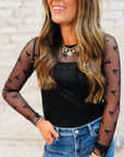 Black Bow Pattern Accent Mesh Long Sleeve Top - Toi ‘n’ Moi Ltd