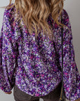 Purple Boho Flower Split V Neck Bubble Sleeve Blouse