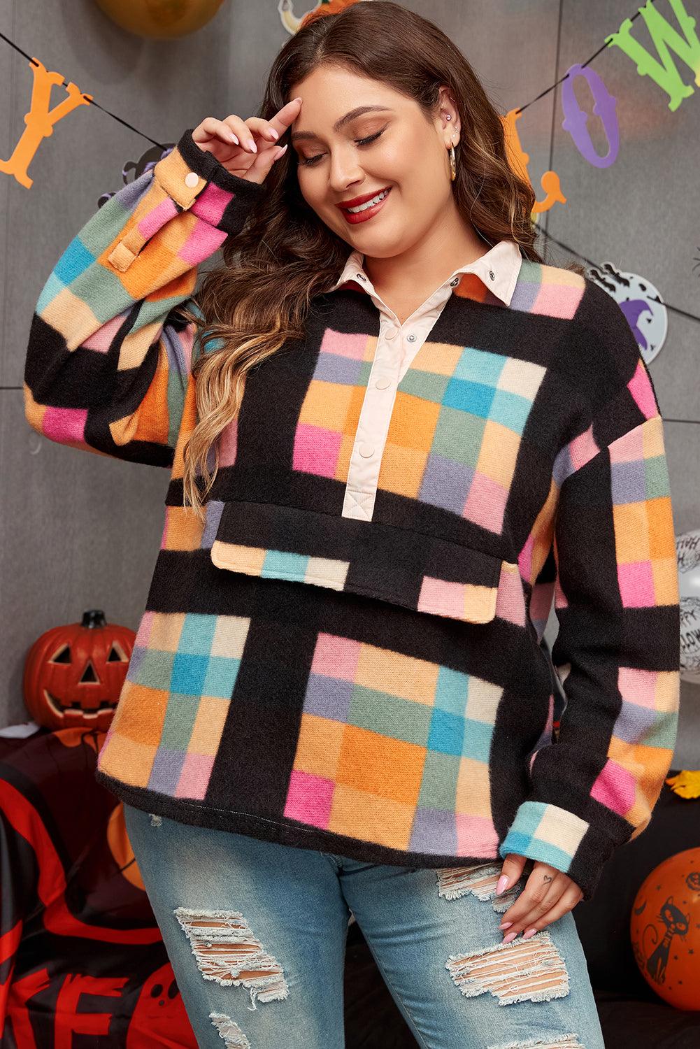 Black Plus Size Checkered Print Sherpa Henley Sweatshirt - Toi ‘n’ Moi Ltd