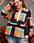 Black Plus Size Checkered Print Sherpa Henley Sweatshirt - Toi ‘n’ Moi Ltd