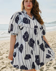 Black Plus Size Floral 3/4 Puff Sleeve Lace-up Neck Mini Dress - Toi ‘n’ Moi Ltd