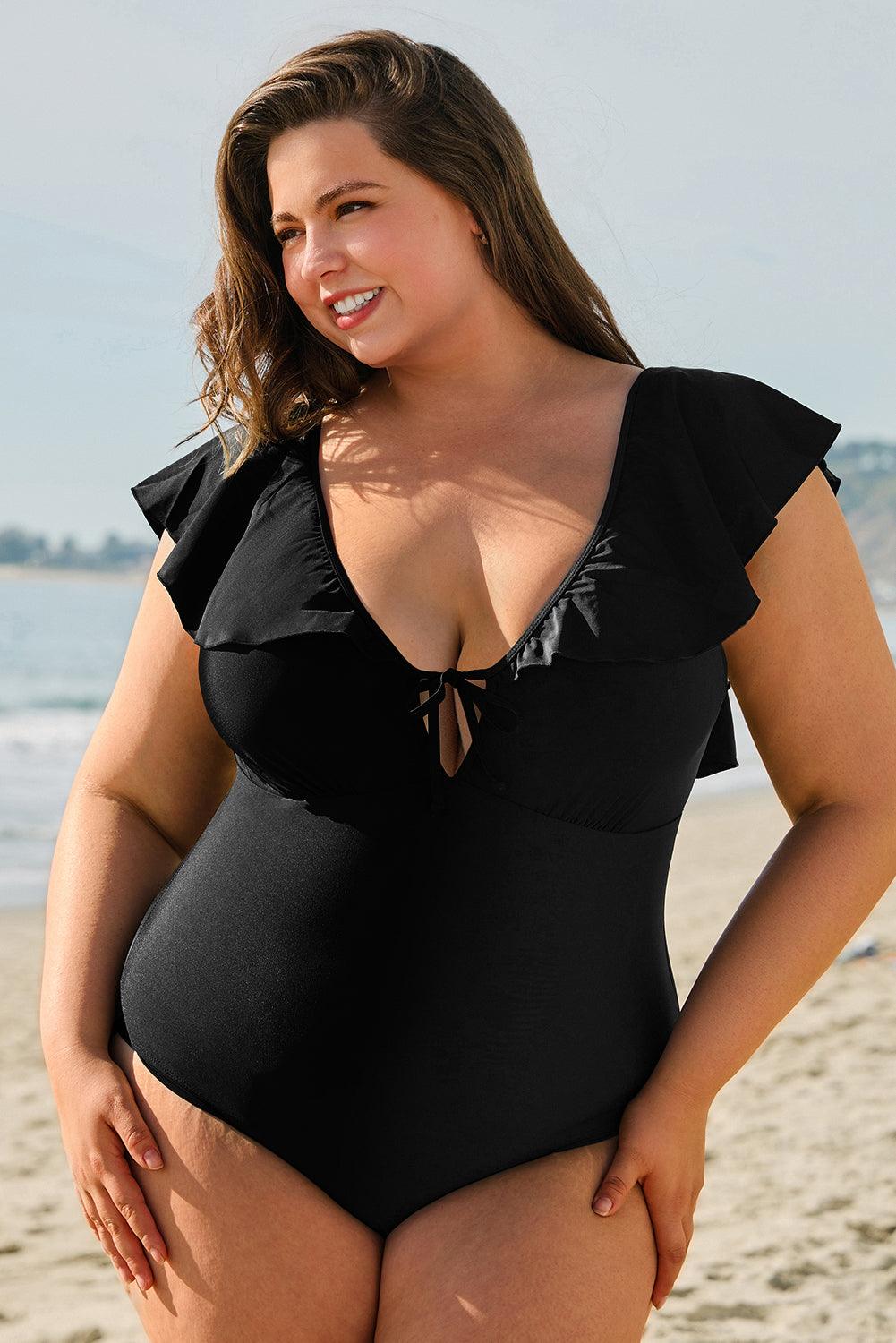 Black Ruffled Sleeve Lace-up V Neck Plus Size One Piece Swimsuit - Toi ‘n’ Moi Ltd