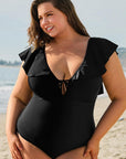 Black Ruffled Sleeve Lace-up V Neck Plus Size One Piece Swimsuit - Toi ‘n’ Moi Ltd