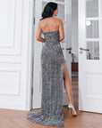 Robe longue fendue à sequins gris Selina