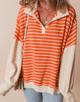 Orange Stripe Color Block Loose Fit Collared Drop Shoulder Sweatshirt