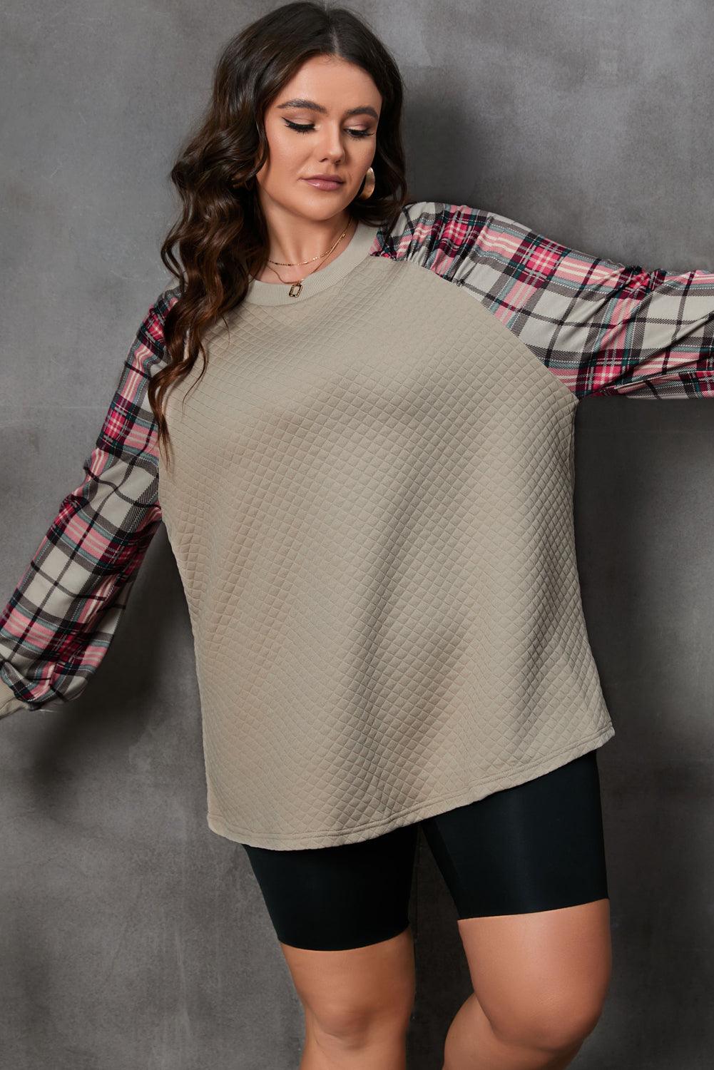 Apricot Plus Size Plaid Raglan Sleeve Crew Neck Sweatshirt - Toi ‘n’ Moi Ltd