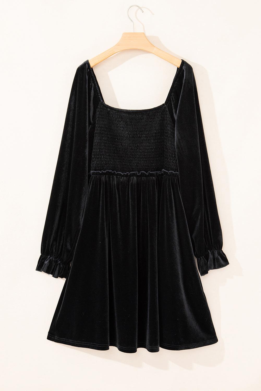 Black Velvet Flounce Sleeve Shirred Bodice Plus Babydoll Dress - Toi ‘n’ Moi Ltd