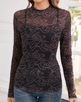Black Letter Print Mock Neck Long Sleeve Mesh Top - Toi ‘n’ Moi Ltd