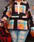 Black Plus Size Checkered Print Sherpa Henley Sweatshirt - Toi ‘n’ Moi Ltd