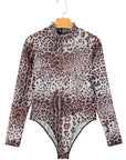 Brown Leopard Smocked Neck Mesh Long Sleeve Bodysuit - Toi ‘n’ Moi Ltd