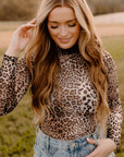 Brown Leopard Smocked Neck Mesh Long Sleeve Bodysuit - Toi ‘n’ Moi Ltd