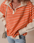 Orange Stripe Color Block Loose Fit Collared Drop Shoulder Sweatshirt