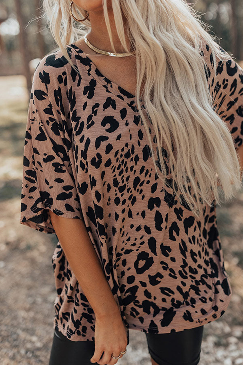 Brown Leopard Print V Neck Half Sleeve Oversized Tee - Toi ‘n’ Moi Ltd