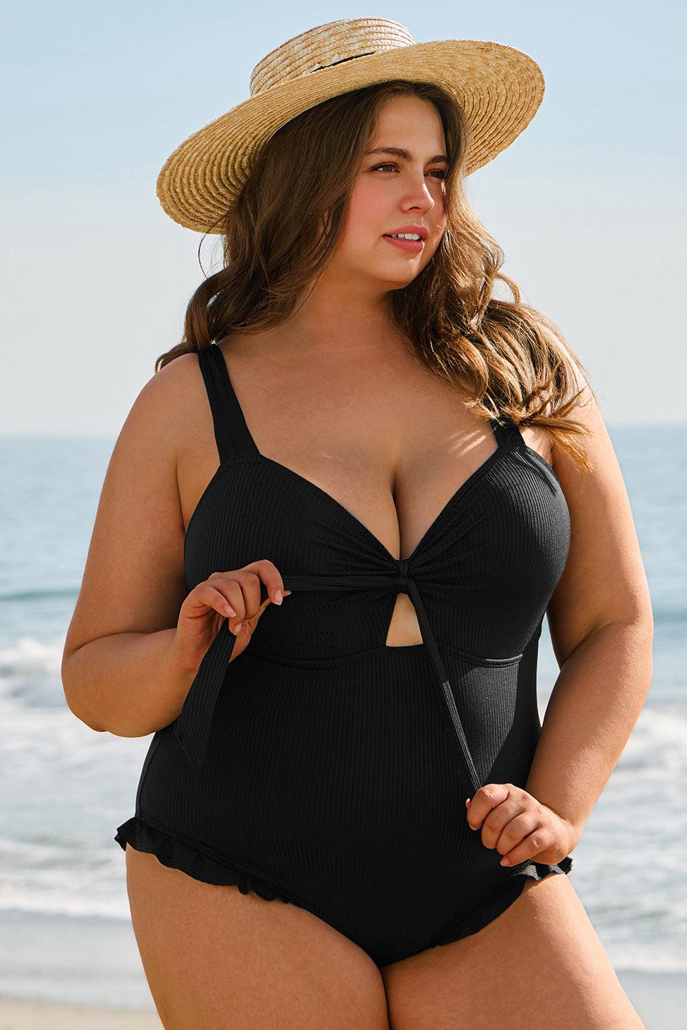 Black Plus Size Textured Knotted Ruffled Trim One Piece Swimwear - Toi ‘n’ Moi Ltd