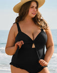 Black Plus Size Textured Knotted Ruffled Trim One Piece Swimwear - Toi ‘n’ Moi Ltd