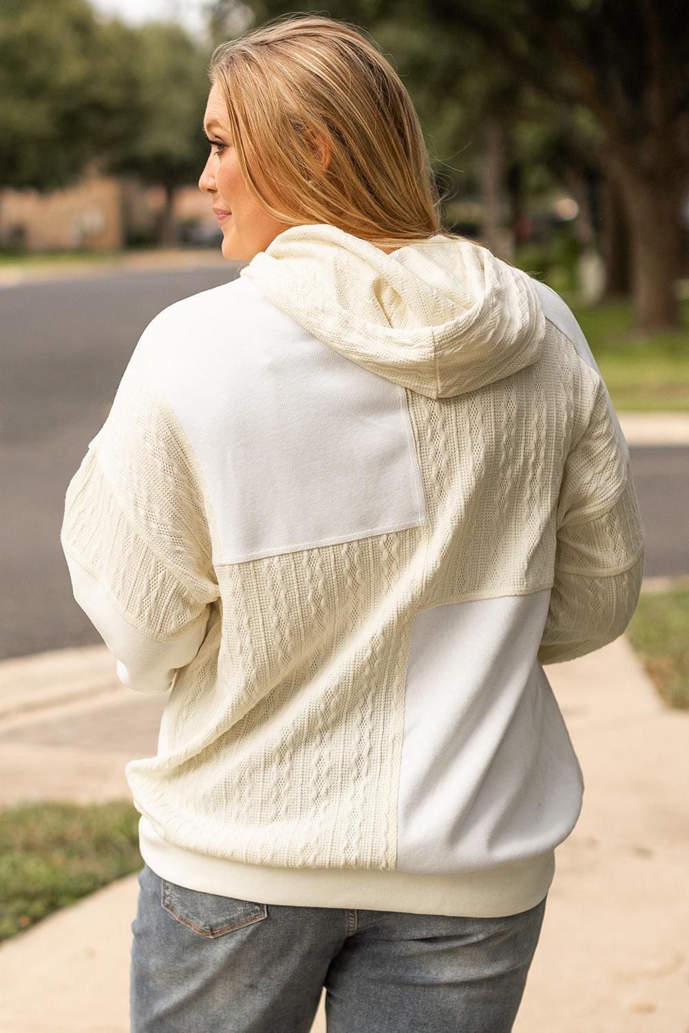 Beige Textured Patchwork Exposed Seam Plus Size Hoodie - Toi ‘n’ Moi Ltd