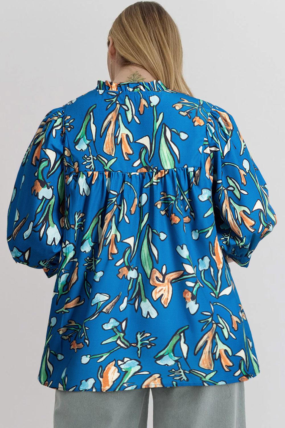 Blue Floral Notched V Neck Half Sleeve Plus Size Blouse - Toi ‘n’ Moi Ltd